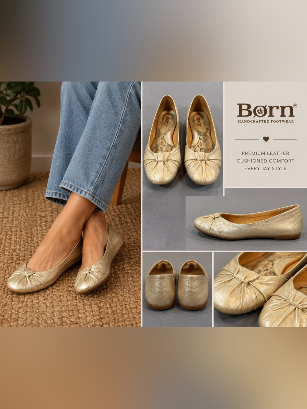 Born Metallic Gold Leather Knot-Detail Ballet Flats Size 8.5